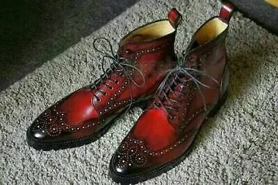 Pre-owned Handmade Men's Leather Burnt Burgundy Color High Ankle Stylish Boots-577