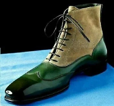 Pre-owned Handmade Men's Leather Casual Green Beige Cap Toe Ankle High Shoes Boots-548