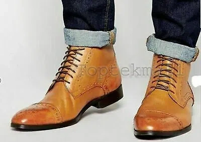 Pre-owned Handmade Men's Leather Casual Tan Ankle Boot Stylish Formal Boots-573 In Brown
