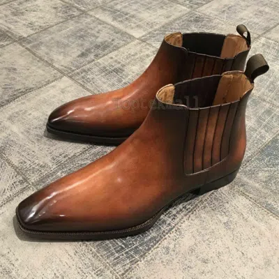 Pre-owned Handmade Men's Leather Chelsea Ankle High Dress Formal Custom Grade Boots-888 In Brown