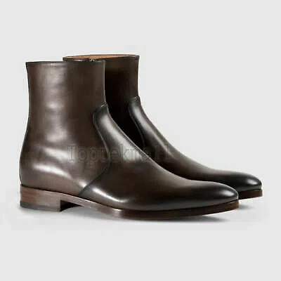 Pre-owned Handmade Men's Leather Chelsea Casual Brown Zipper Ankle Fashion Super Boots-5