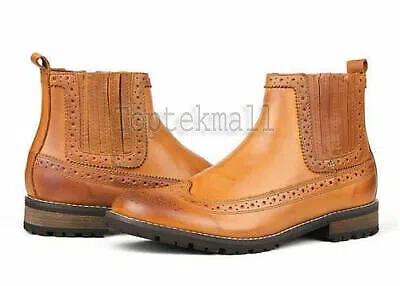 Pre-owned Handmade Men's Leather Chelsea Oxford Tan Oxford Brogue Dress Stylish Boots-603 In Brown