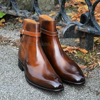 Pre-owned Handmade Men's Leather Cognac Patina Ankle High Stylish Shoes Boots-869 In Brown