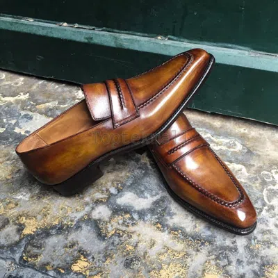 Pre-owned Handmade Men's Leather Cognac Patina Classic Loafers Custom Dress Shoes-27 In Brown