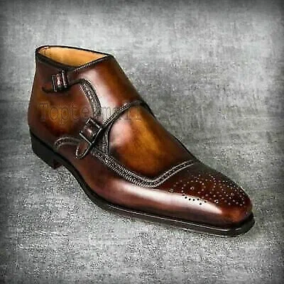 Pre-owned Handmade Men's Leather Cognac Patina Stylish Ankle High Custom Made Boots-887 In Brown