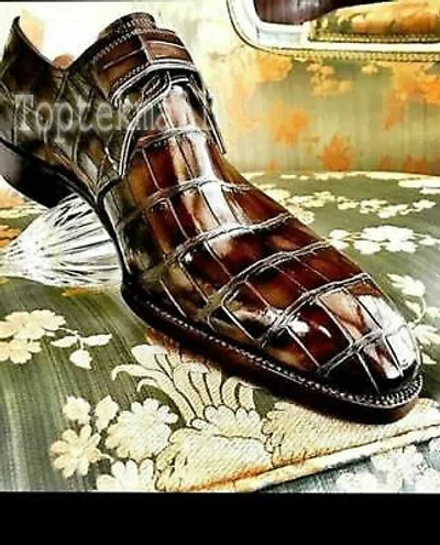 Pre-owned Handmade Men's Leather Crocodile Print Monk Strap Formal Stylish Dress Shoes-339 In Brown