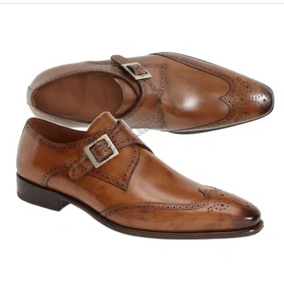 Pre-owned Handmade Men's Leather Dark Brown Brogue Formal Single Monk Strap Dress Shoes-81