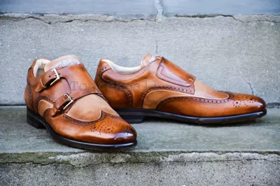 Pre-owned Handmade Men's Leather Designer Double Monk Straps Formal Dress Luxury Shoes-313 In Brown