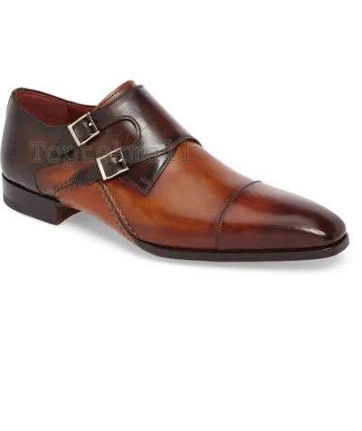Pre-owned Handmade Men's Leather Double Monk Brown Formal Dress Casual Burnished Shoes-138