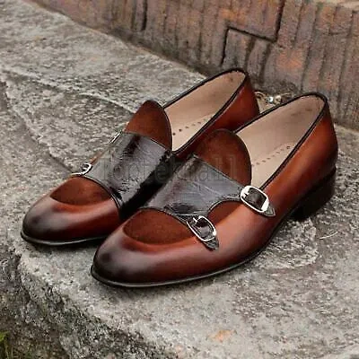 Pre-owned Handmade Men's Leather Double Monk Strap Casual Dress Formal Driving Shoes-391 In Brown