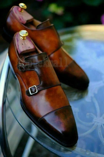 Pre-owned Handmade Men's Leather Double Monk Straps Formal Dress Wedding Stylish Shoes-411 In Brown