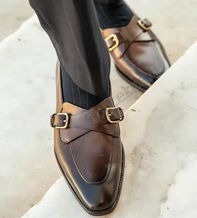 Pre-owned Handmade Men's Leather Double Monk Straps Two Tone Brown Formal Shoes-130