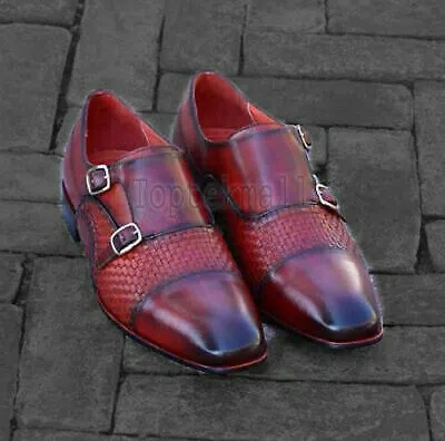 Pre-owned Handmade Men's Leather Double Monk Woven Burgundy Leather Cap Toe Shoes-128 In Red