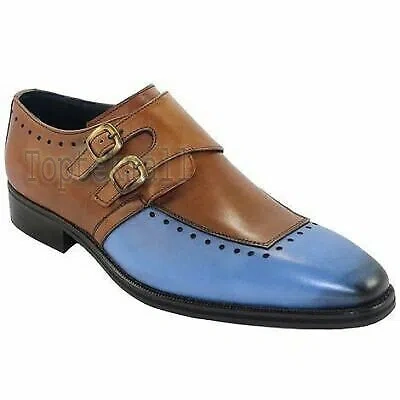 Pre-owned Handmade Men's Leather Dress Blue Brown Monk Double Buckle Straps Shoes-388