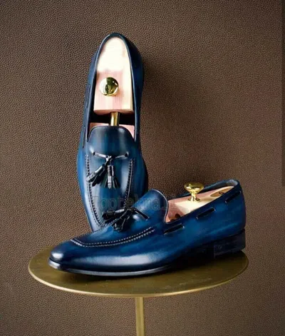 Pre-owned Handmade Men's Leather Dress Blue Color Tussles Slip On Loafer Shoes-474
