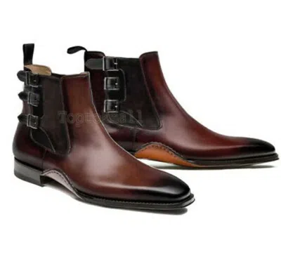 Pre-owned Handmade Men's Leather Dress Chelsea Brown Custom Made Monk Straps Boots-640