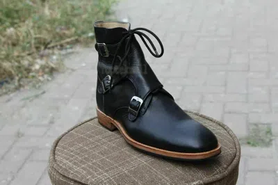 Pre-owned Handmade Men's Leather Dress Fashion Triple Monk Straps Stylish Casual Boots-727 In Black