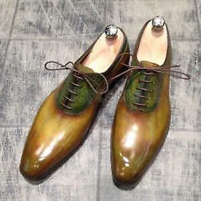 Pre-owned Handmade Men's Leather Dress Patina Derby Oxfords Lace Up Custom Shoes-760 In Tan Patina
