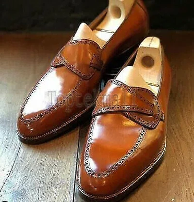 Pre-owned Handmade Men's Leather Dress Tan Color Wedding Fashion Monk Straps Shoes-393 In Brown