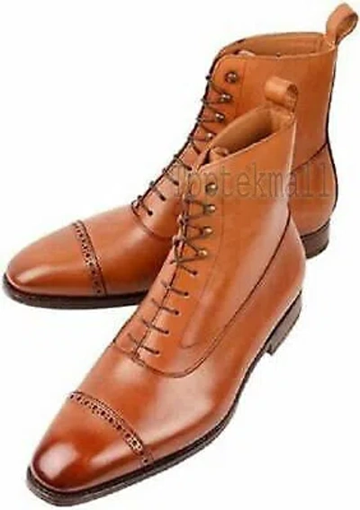 Pre-owned Handmade Men's Leather Fashion Derby Tan Color Lace Up Ankle High Boots-542