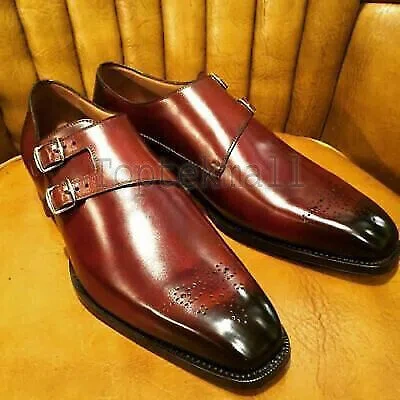 Pre-owned Handmade Men's Leather Fashion Double Buckle Formal Brown Dress Shoes-470
