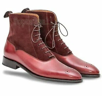 Pre-owned Handmade Men's Leather Fashion Formal Casual Chelsea Burgundy Ankle Boots-728 In Red