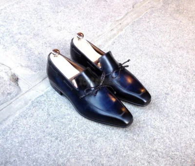 Pre-owned Handmade Men's Leather Fashion Navy Blue Stylish Classic Loafers Shoes-1006