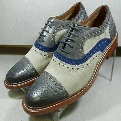 Pre-owned Handmade Men's Leather Fashion Oxfords Multicolor Three Tone Brogues Shoes-301