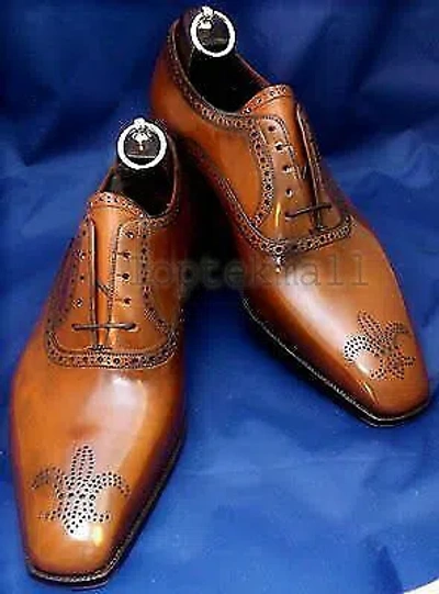 Pre-owned Handmade Men's Leather Fashion Tan Color Oxfords Lace Up Formal Shoes-454