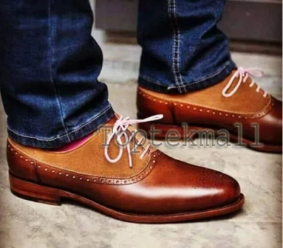 Pre-owned Handmade Men's Leather Formal And Casual Oxford Wingtip Brown Dress Shoes-648
