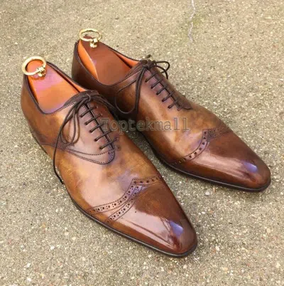 Pre-owned Handmade Men's Leather Formal Brown Burnished Stylish Dress Oxfords Shoes-468