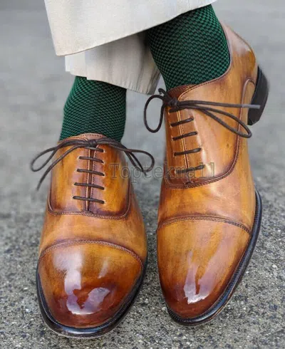 Pre-owned Handmade Men's Leather Formal Brown Oxfords Dress Wingtip Lace Up Shoes-153