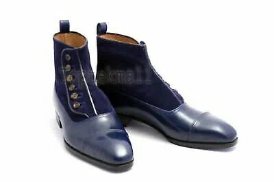 Pre-owned Handmade Men's Leather Formal Button Navy Blue Ankle Cap Toe Boots-649