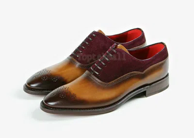 Pre-owned Handmade Men's Leather Formal Dress Cognac Patina Oxfords Custom Shoes-528 In Brown