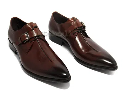 Pre-owned Handmade Men's Leather Formal Dress Premium Brown Dress Strap Monk Shoes-281 In Red