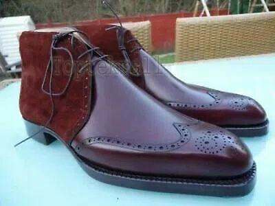 Pre-owned Handmade Men's Leather Formal Dress Stylish Burgundy Fashion Casual Boots-641 In Red