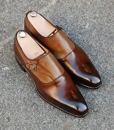 Pre-owned Handmade Men's Leather Formal Dress Two Tone Formal Dress Monk Straps Shoes-501 In Brown