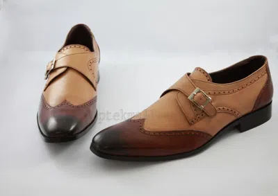 Pre-owned Handmade Men's Leather Formal Luxury Dress Brown Shaded Monk Straps Shoes-486
