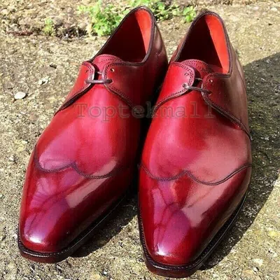 Pre-owned Handmade Men's Leather Formal Red Color Oxfords Wingtip Dress Fashion Shoes-221