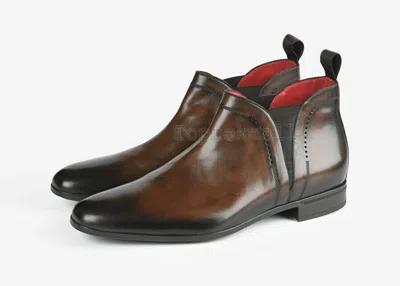 Pre-owned Handmade Men's Leather Formal Stylish Brown Two Tone Ankle Boots-580 In Red