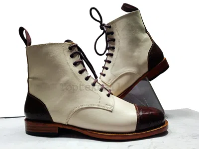 Pre-owned Handmade Men's Leather Formal Stylish Two Tone Black & White Ankle Boots-334