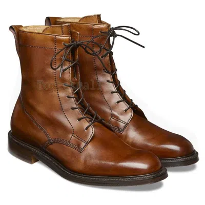 Pre-owned Handmade Men's Leather Genuine Brown Lace Up Marching Oxford Toe Cap Boots-922