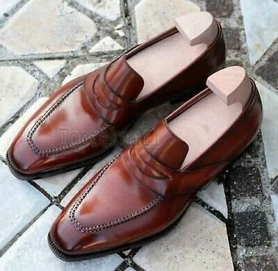 Pre-owned Handmade Men's Leather Genuine Brown Stylish Loafers Slip On Dress Shoes-66