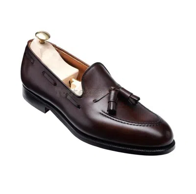 Pre-owned Handmade Men's Leather Genuine Stylish Brown Loafers Slip Ons Tassels Shoes-76