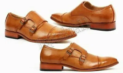 Pre-owned Handmade Men's Leather Genuine Tan Double Monk Oxford Cap Toe Formal Shoes -67 In Brown