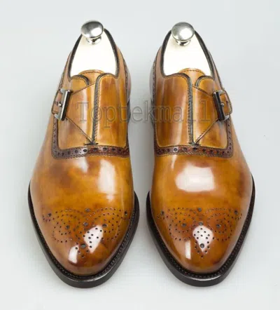 Pre-owned Handmade Men's Leather Genuine Tan Single Monk Straps Superb Unique Shoes-70 In Brown