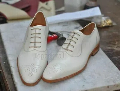 Pre-owned Handmade Men's Leather Genuine White Wingtip Oxford Brogue Dress Formal Shoes-80