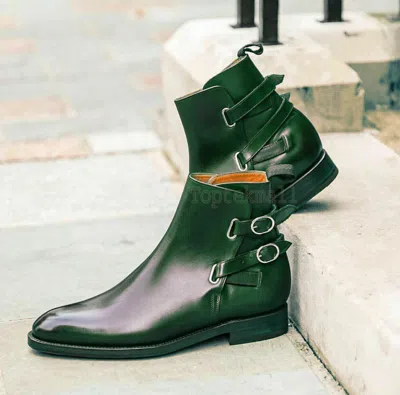 Pre-owned Handmade Men's Leather Green Burnished Toe High Ankle Rounded Double Boots-576