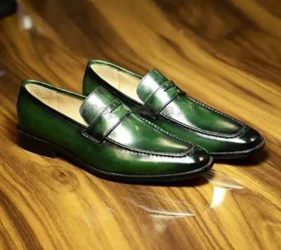 Pre-owned Handmade Men's Leather Green Loafers Slip Ons Classic Unique Design Shoes-7