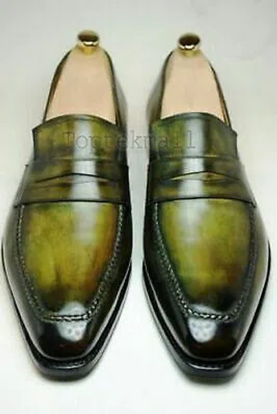 Pre-owned Handmade Men's Leather Green Patina Dress Loafers Hand Colored Unique Shoes-187